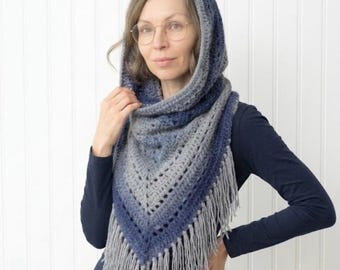 Crochet Hooded Scarf Cowl, Triangle Wrap Scarf Hoodie, Boho Fringe Scarf, Grey and Blue