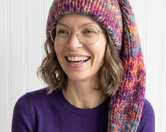 Chunky Knit Stocking Cap, Knit Beanie, Acrylic Yarn, Bright Rainbow, Double Brim, Extra Large