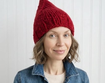 Chunky Knit Gnome Hat, Cranberry Red Elf Beanie, Acrylic Wool Blend, Unisex Winter Warmth