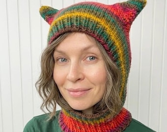 Rainbow Knit Balaclava with Ears, Cat Balaclava, Cat Ears, Ski Mask, Knit Hood, Womens Balaclava, Mens Balaclava, Cat Hat, Knit Hat