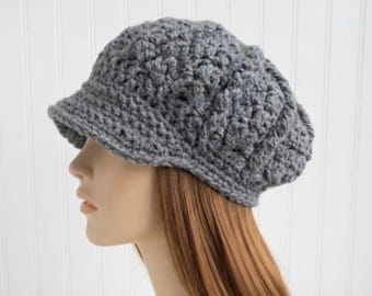 Chunky Crochet Hat, Womens Hat, Mens Hat, Newsboy Cap, Newsboy Hat, Hat with Brim, Winter Hat, Golf Cap, Baker Boy Hat, Smoke Grey