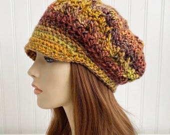 Chunky Crochet Newsboy Hat for Women and Men, Winter Newsboy Cap with Brim, Soft Warm Wool Blend Golf Cap, Baker Boy Hat, Autumn Maple