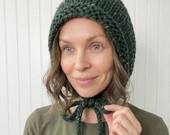 Hand Knit Chunky Adult Bonnet Hat with Ties, Warm Knitted Hood, Aviator Cap, Kale Green