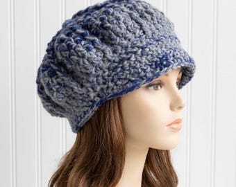 Chunky Crochet Hat, Womens Hat, Mens Hat, Newsboy Cap, Newsboy Hat, Hat with Brim, Winter Hat, Golf Cap, Baker Boy Hat, Grey and Blue