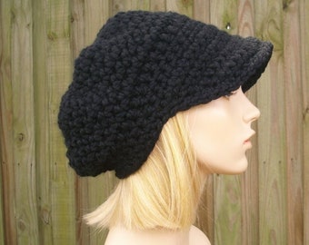 Chunky Crochet Hat, Womens Hat, Mens Hat, Winter Hat, Newsboy Hat, Newsboy Cap, Slouchy Beanie, Crochet Beanie, Crochet Cap, Black