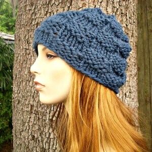 Hand Knit Beanie, Chunky Knit Hat, Womens Hat, Mens Hat, Winter Hat, Knit Cap, Fitted Beanie, Basket Weave Beanie, Denim Blue