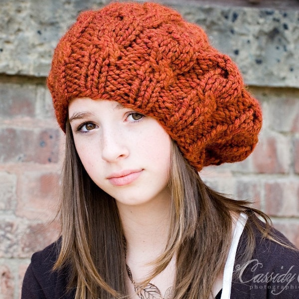 Chunky Knit Hat, Womens Hat, Winter Hat, Slouchy Beanie, Fall Fashion, Cable Beret for Women Spice Burnt Orange