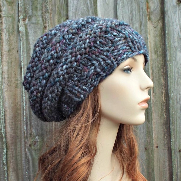 Slouchy Beanie, Hand Knit Hat, Chunky Knit Hat, Womens Hat, Mens Hat, Winter Hat, Slouchy Hat, Knit Cap, Oversized Beret, Abalone Grey