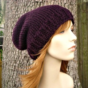 Hand Knit Beanie, Chunky Knit Hat, Womens Hat, Mens Hat, Winter Hat, Knit Cap, Slouchy Beanie, Slouchy Hat, Toque, Eggplant Purple