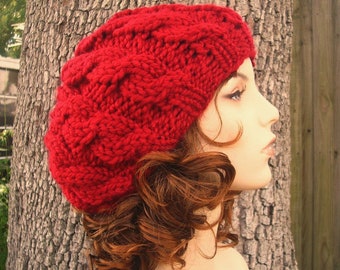 Red Beret, Chunky Knit Hat, Womens Hat, Mens Hat, Winter Hat, Knit Cap, Knit Beanie, Cable Knit Hat, Cable Beret, Cranberry Red