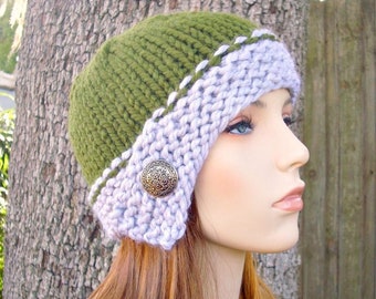 Chunky Knit Hat, Womens Hat, Winter Hat, Knit Beanie, Knit Cap, Womens Cloche Hat, Grey and Green