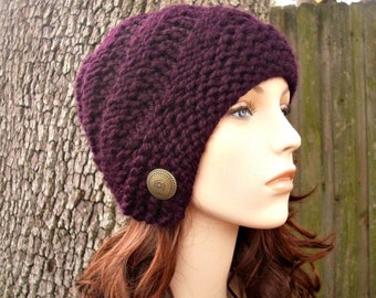 Hand Knit Cloche Hat, Chunky Knit Hat, Womens Hat, Mens Hat, Winter Hat, Knit Beanie, Knit Cap, Hybrid Swirl Cloche Beanie, Eggplant Purple