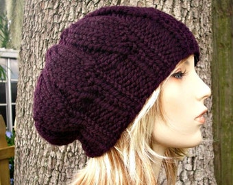 Chunky Knit Hat, Womens Hat, Mens Hat, Winter Hat, Knit Beret, Knit Beanie, Knit Cap, Boho Hat, Urchin Beret, Eggplant Purple