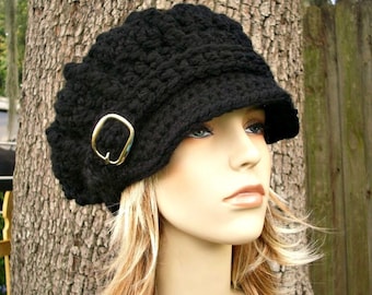 Black Newsboy Hat, Chunky Crochet Hat, Womens Hat, Mens Hat, Winter Hat, Black Hat, Fall Fashion Accessories, Monarch Newsboy Cap, Black