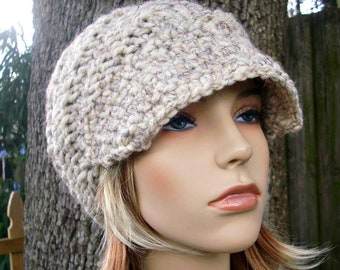 Newsboy Hat, Chunky Knit Hat, Womens Hat, Mens Hat, Winter Hat, Swirl Beanie with Visor, Newsboy Cap, Knit Beanie, Wheat