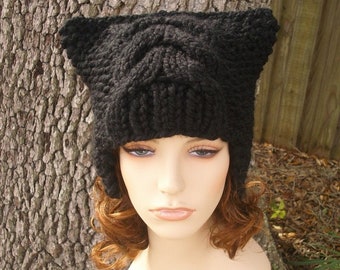 Hand Knit Trapper Hat, Chunky Knit Hat, Womens Hat, Mens Hat, Winter Hat, Cable Knit Hat, Earflap Hat, Knit Beanie, Knit Cap, Black