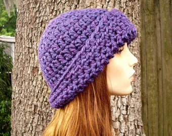 Chunky Crochet Hat, Cloche Hat, Womens Hat, Winter Hat, 1920s Flapper Hat, Crochet Beanie, Crochet Cap, Garbo Cloche Beanie, Velvet Purple