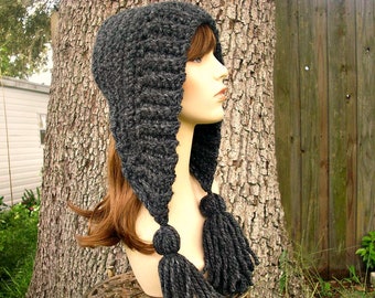 Chunky Crochet Hat with Tassels, Womens Hood, Womens Hat, Winter Hat, Ear Flap Hat, Adult Bonnet, Tassel Hat Charcoal Grey