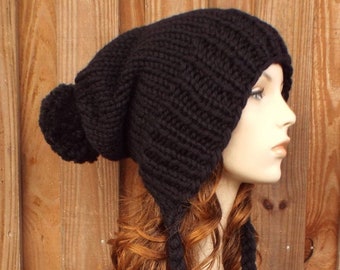 Black Slouchy Knit Hat Womens Hat Black Hat Extra Slouchy Beanie - Charlotte Slouchy Ear Flap Hat Knit Accessories