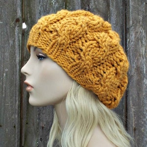Chunky Knit Hat, Womens Hat, Mens Hat, Winter Hat, Knit Beret, Knit Beanie, Knit Cap, Cable Beret, Mustard