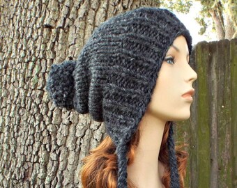 Slouchy Beanie, Chunky Knit Hat, Womens Hat, Mens Hat, Winter Hat, Pom Pom Hat, Knit Beanie, Knit Cap, Charlotte Slouchy Hat, Charcoal Grey