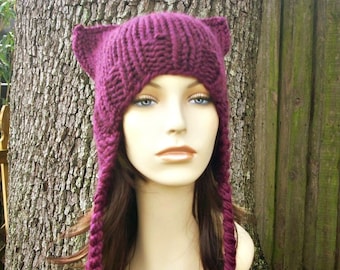 Bonnet en grosse maille avec oreilles, bonnet femme, bonnet d'hiver, bonnet chat rose, lavallière rose, bonnet rose CHATTE, bonnet chat, cache-oreilles, rose clématite