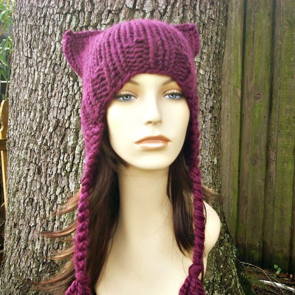 Chunky Knit Hat with Ears, Womens Hat, Winter Hat, Pink Cat Hat, Pink Pussyhat, Pink Pussy Hat, Cat Beanie, Earflap Hat, Clematis Pink