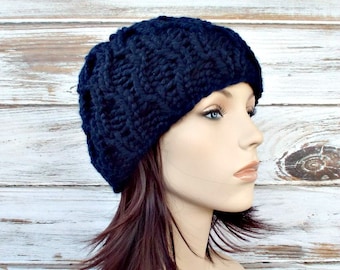 Cable Knit Hat, Chunky Knit Hat, Mens Hat, Womens Hat, Winter Hat, Fall Fashion, Winter Accessories, Amsterdam Cable Beanie, Navy Blue