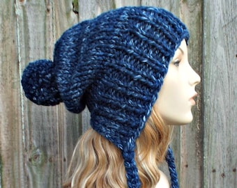 Winter Hat for Women, Mens Hat, Hand Knit Beanie, Knit Cap, Chunky Knit Hat, Slouchy Hat, Charlotte Slouchy Beanie, River Run Blue