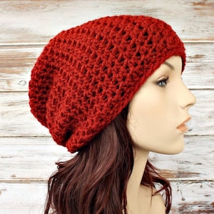 Crochet Hat, Womens Hat, Mens Hat, Crochet Beanie, Crochet Cap, Slouchy Hat, Beach Hat, Memphis Slouchy Beanie, Brick Red