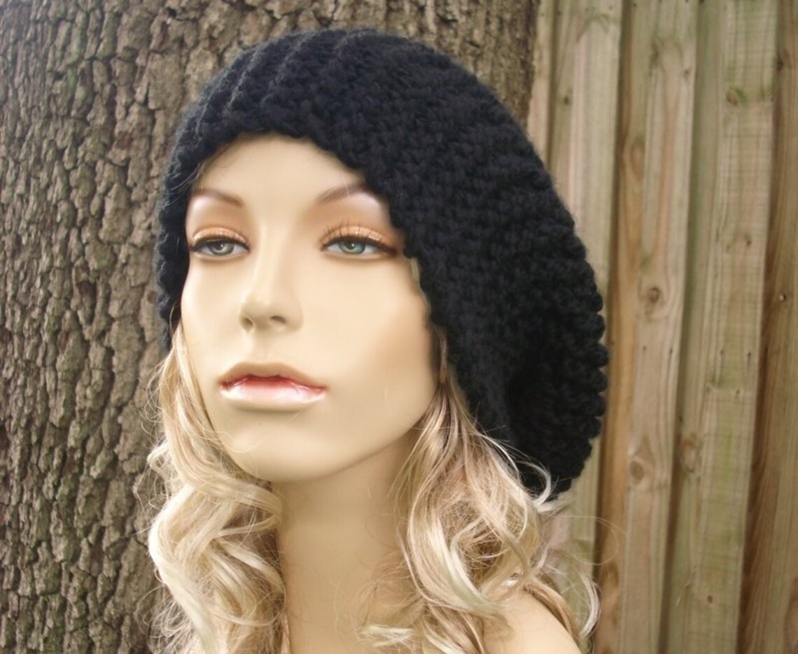 Black Knit Hat Black Womens Hat Black Slouchy Beanie Black Etsy