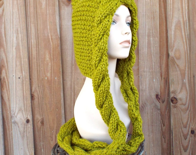 Womens Hat Green Cable Scarf Hat Lemongrass Green Ear Flap Hat Etsy