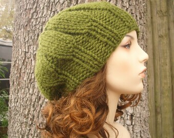 Chunky Knit Hat, Womens Hat, Mens Hat, Winter Hat, Knit Beanie, Knit Beret, Knit Cap, Slouchy Beanie, Slouchy Hat, Urchin Beret, Cilantro