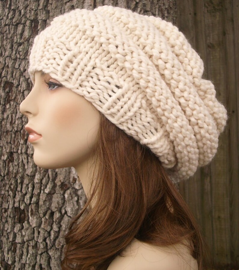 Cream Oversized Beehive Beret Womens Hat Chunky Knit Hat Etsy