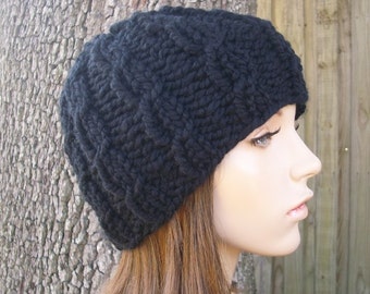 Hand Knit Black Beanie for Men, Chunky Knit Hat, Womens Hat, Mens Hat, Winter Hat, Knit Beanie, Knit Cap, Cable Knit Hat, Black