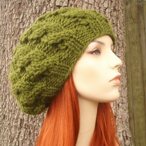 Cable Knit Beret, Chunky Knit Hat, Womens Hat, Mens Hat, Winter Hat, Slouchy Beanie, Knit Beanie, Knit Cap, Cable Beret, Cilantro Green