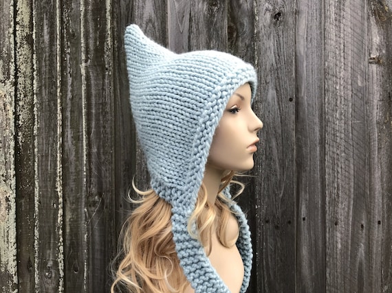 Chunky Knit Earflap Hat - Gray and Blue Slouchy Ear Flap Hat Gray Slouchy Hat Knitted Slouchy Beanie  main image 2