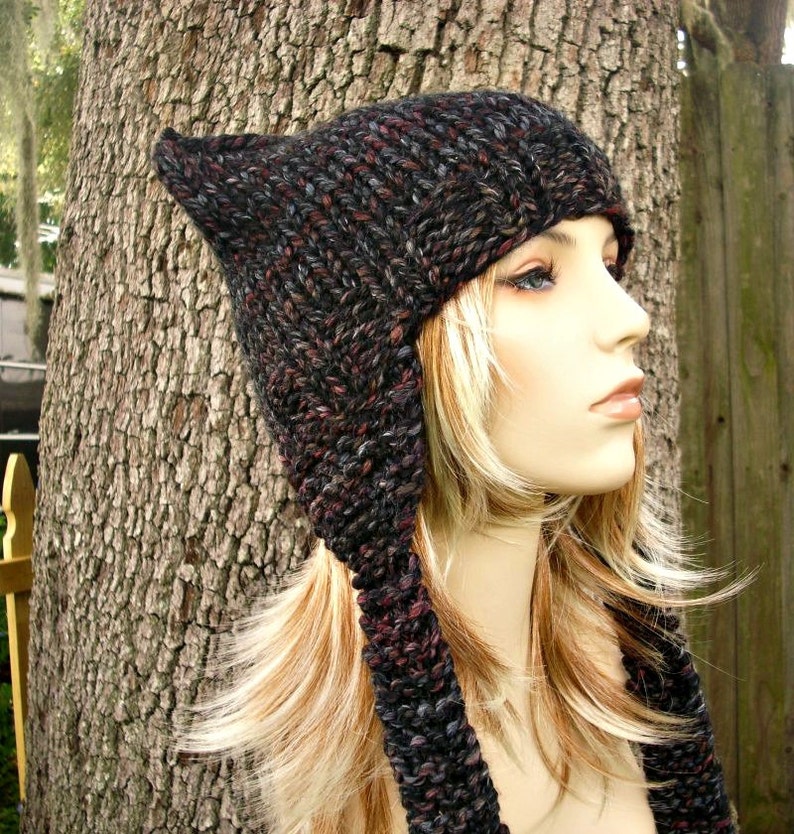 Knit Hat Womens Hat Ear Flap Hat Cat Hat in Black Grey Maroon Knit Hat Blackstone Hat Ear Hat Winter Hat image 4