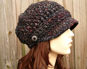 Krantenjongenspet, gehaakte muts, dameshoed, herfstmode, winteraccessoires, Slouchy beanie, zwarte hoed, krantenverkopershoed, Blackstone