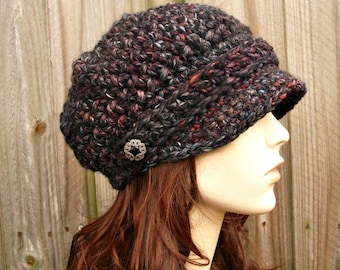 Casquette gavroche, Bonnet au crochet, Chapeau femme, Mode automne, Accessoires d'hiver, Bonnet ample, Chapeau noir, Chapeau gavroche, Pierre noire