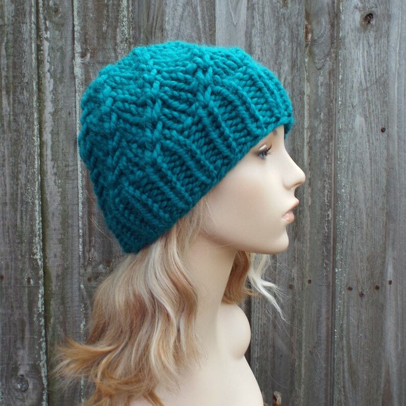 Peacock Beanie Chunky Knit Hat Womens Hat Blue Mens Hat Blue Spiral Beanie Blue Hat Blue Beanie Whirly Beanie in Peacock