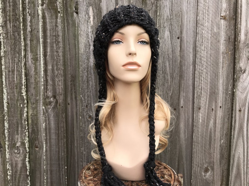 Obsidian Black Knit Beanie Winter Hat Charlotte Slouchy Hat Hat with Pom Pom Womens Beanie Chunky Knit Hat Mens Beanie