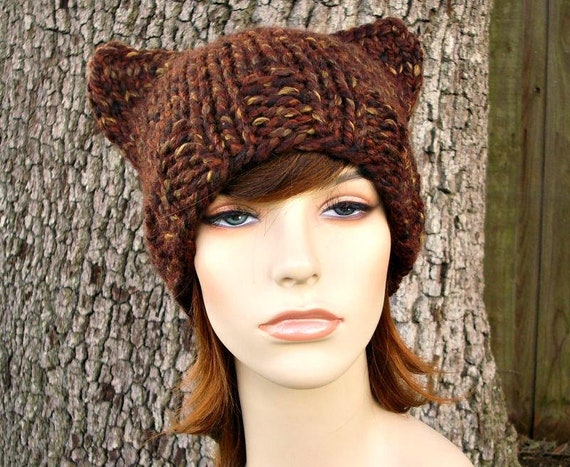 Adult Brown Chunky Knit Cat Ear Beanie Women Striped Beanie Hat with Little Devil Horn Winter Warm  main image 2