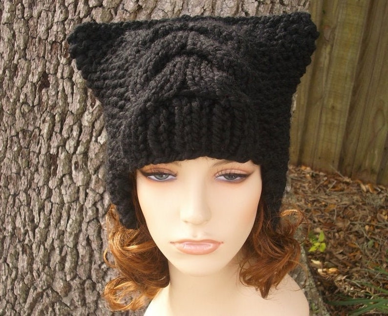 Hand Knit Trapper Hat, Chunky Knit Hat, Womens Hat, Mens Hat, Winter Hat, Cable Knit Hat, Earflap Hat, Knit Beanie, Knit Cap, Black image 1