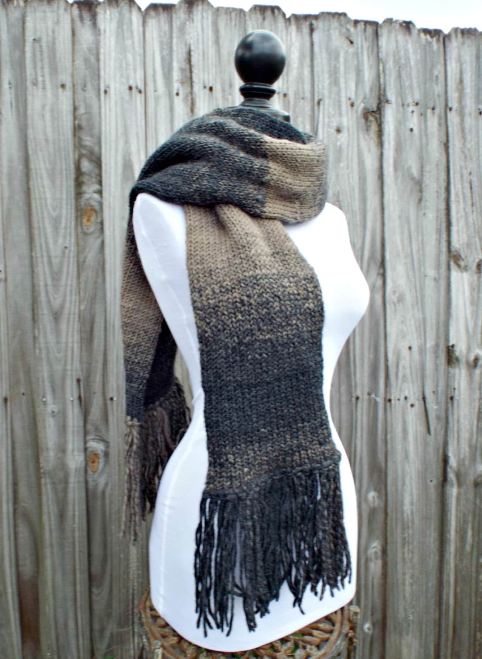 Double Knit Scarf With Fringe Charcoal Grey and Taupe Brown Etsy