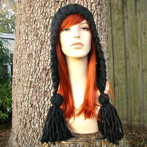 Black Crochet Hat Women Hat Crochet Hood Hat Black Tassel Hat Black Ear Flap Hat Black Hat Black Hood Winter Hat image 3