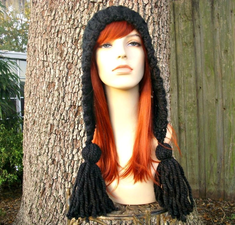 Black Crochet Hat Women Hat Crochet Hood Hat Black Tassel Hat Black Ear Flap Hat Black Hat Black Hood Winter Hat image 3