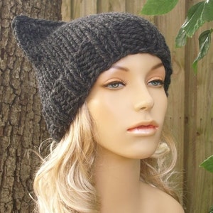 Chunky Knit Hat, Womens Hat, Mens Hat, Winter Hat, Knit Cat Hat, Knit Beanie, Knit Cap, Cat Beanie, Charcoal Grey image 3