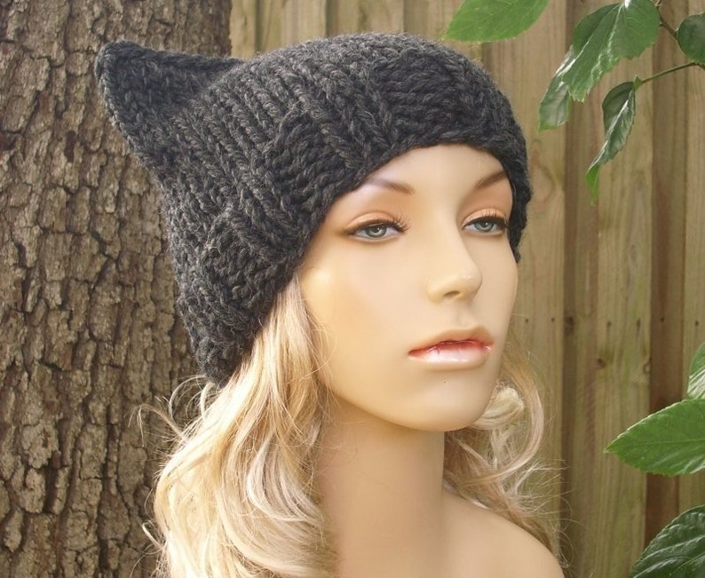 Chunky Knit Hat, Womens Hat, Mens Hat, Winter Hat, Knit Cat Hat, Knit Beanie, Knit Cap, Cat Beanie, Charcoal Grey image 3