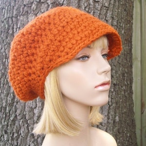 Chunky Crochet Hat with Brim, Womens Hat, Mens Hat, Winter Hat, Slouchy Beanie, Crochet Cap, Newsboy Hat, Newsboy Cap, Pumpkin Orange image 2